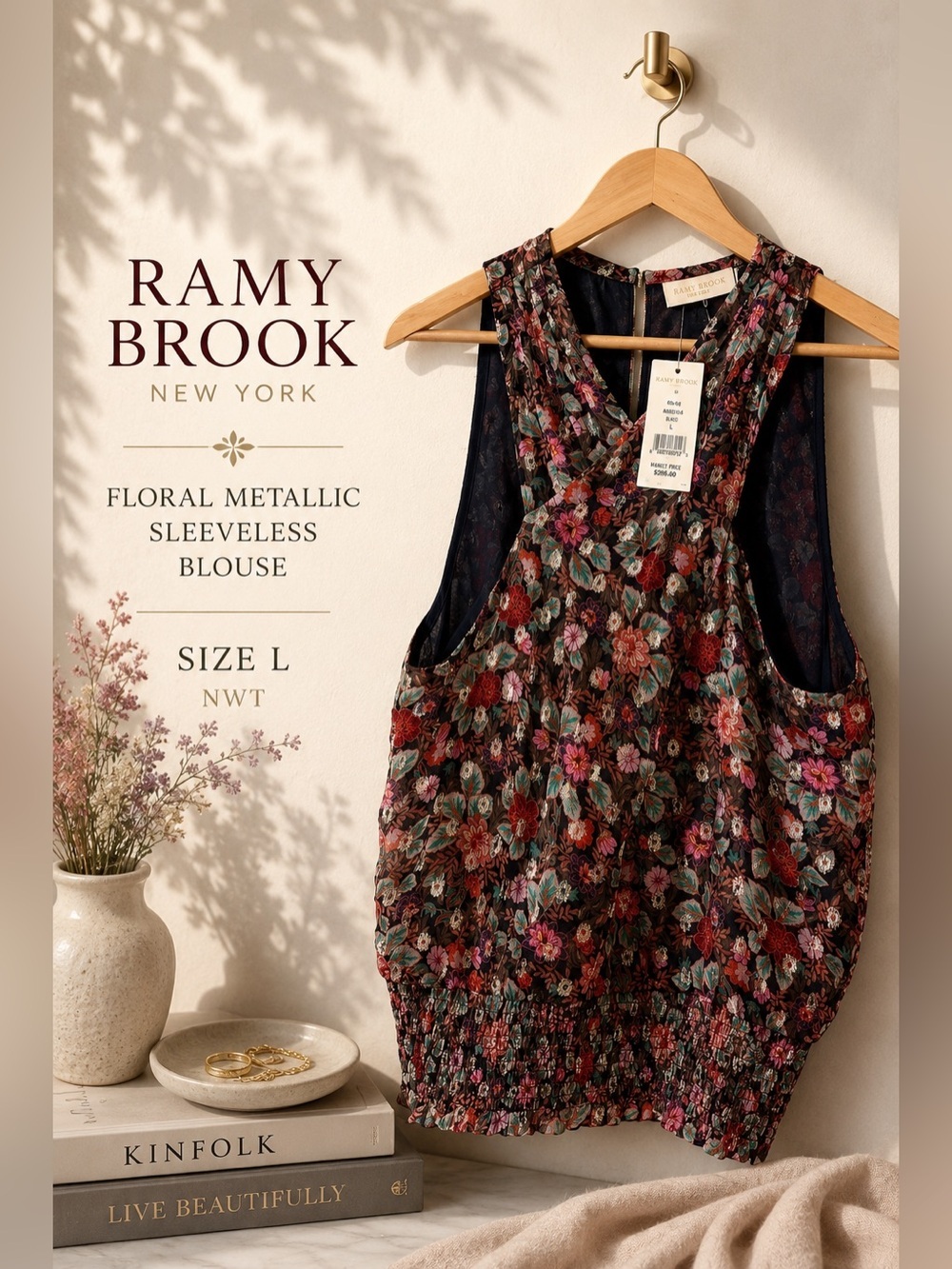 Ramy Brook Floral Metallic Sleeveless Blouse Top Size L NWT